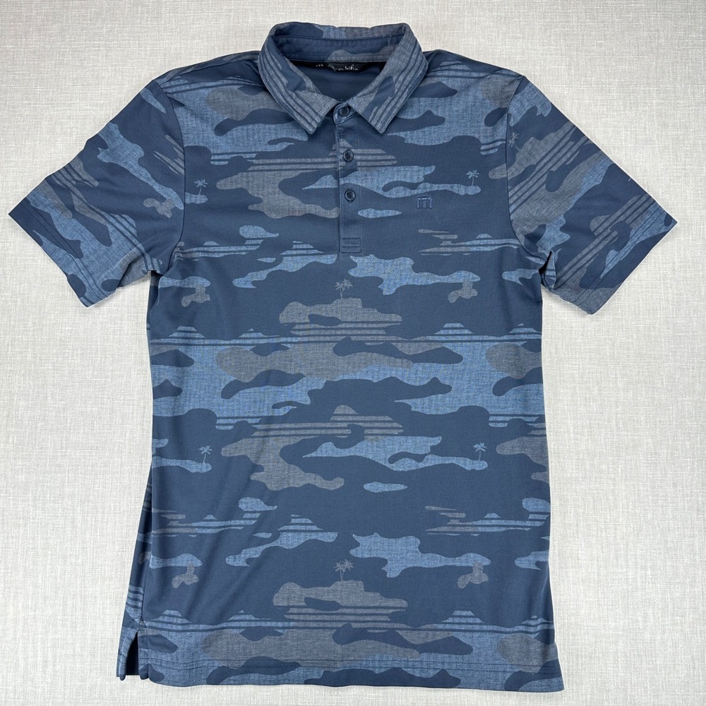 TravisMathew Polo Shirt Mens Small Blue Camo Tropical Palm Tree Short Sleeve EUC - Picture 2 of 15